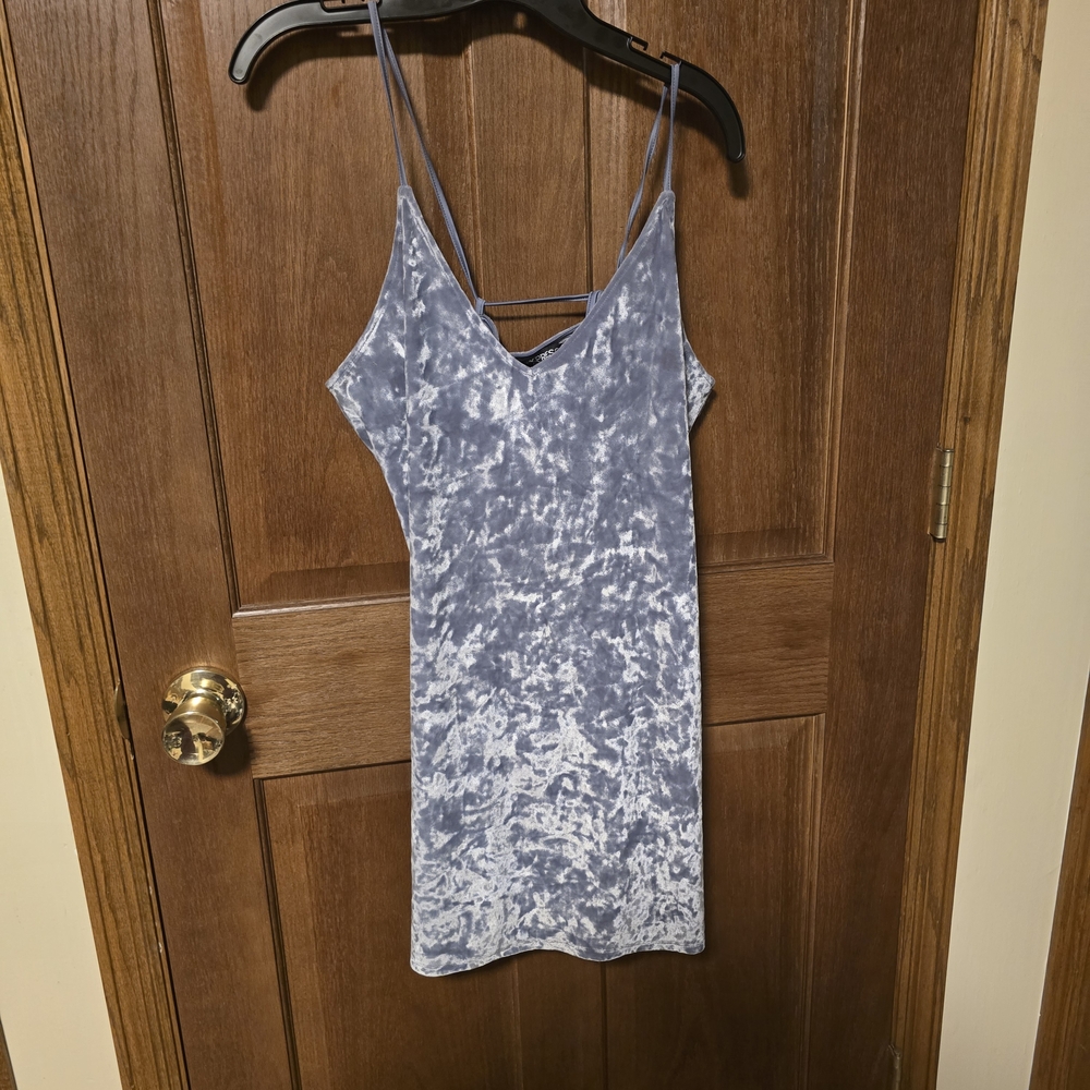 Sexy Crushed Velvet Spaghetti Strap Tie Mini Dress - Gray-Blue - NWT - Medium